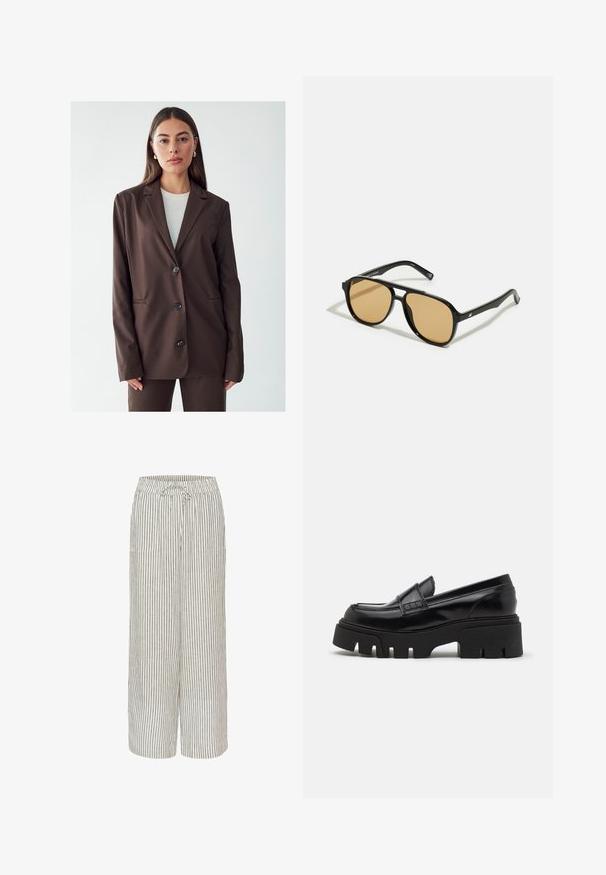 Brązowa marynarka z wykładanym kołnierzem, jednoprzeciwko zapinana na guzik i z dwiema przednimi kieszeniami. Gładki materiał, dopasowany krój i minimalistyczny design.; Czarna koszula z długim rękawem, wykonana z prążkowanej tkaniny. Posiada okrągły dekolt i dopasowany krój bez widocznych wzorów czy akcentów.; Spodnie o szerokich nogawkach z mieszanki lnu w paski w odcieniach beżu i szarości. Posiadają elastyczny pas z dodatkowym sznurkiem oraz dwie przednie kieszenie.; Czarne skórzane mokasyny z masywną, teksturowaną podeszwą oraz dekoracyjnym paskiem na górze. Gładkie, błyszczące wykończenie.; Czarne okulary przeciwsłoneczne z brązowymi szkłami; prostokątny kształt z grubą oprawą, z delikatnymi akcentami na zausznikach.; Brązowa pleciona kopertówka o teksturowanym wykończeniu, z elementami ze złotego metalu i ozdobnymi ćwiekami wzdłuż brzegów. Posiada łańcuszkowy pasek.