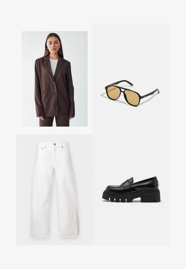 Pruun bleiser, millel on lõikega krae, ühekordne nööbiga sulgemine ja kaks esikotti. Sile kangas, kehasse istuv lõige ja minimalistik disain.; Must enam pikkade varrukatega särk, mis on valmistatud ribakujulisest kangast. Sellel on ümmargune dekoltee ja sobiv disain, ilma nähtavate mustrite või aktsendita.; Valged laiad teksapüksid, mis on valmistatud puuvillast denimist. Omavad nuppu ja tõmblukku, ees on taskud ja peen joonistus õmbluste mööda.; Mustad nahast loafersid, millel on tüse tekstureeritud platvormtald ja dekoratiivne rihm ülemise osa peal. Sile, läikiv viimistlus.; Mustad pruunide läätsedega mustad prillid; ristkülikukujuline kuju paksu raamiga, sealhulgas peened metallist aksessuaarid templites.