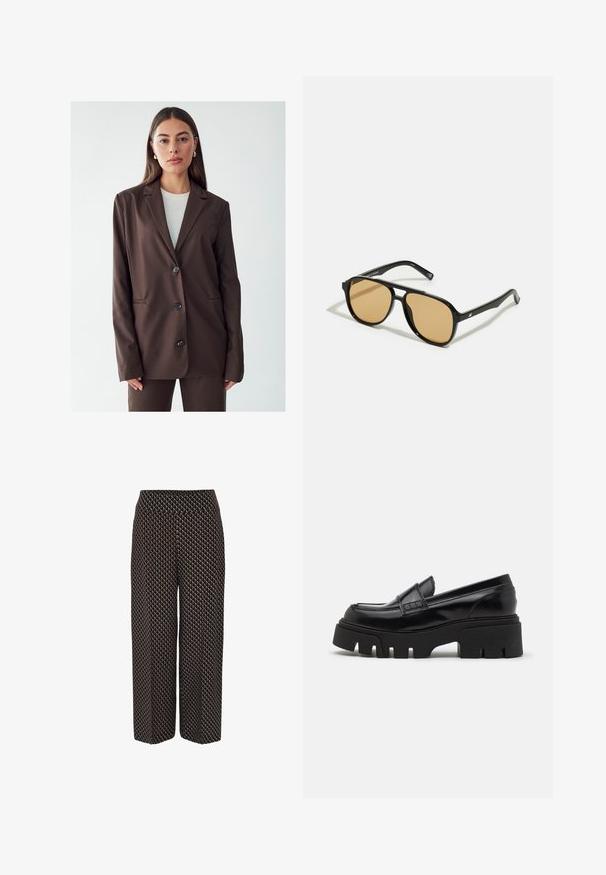 Bruine blazer met een gekraagde revers, enkelvoudige knoopsluiting en twee voorkwasten. Glad materiaal, getailleerde pasvorm en minimalistisch ontwerp.; Zwart langetermijn shirt van ribstof. Het heeft een ronde halslijn en een aansluitend ontwerp zonder zichtbare patronen of accenten.; Wijde broek met een geometrisch patroon in bruin, blauw en roomkleur, met een elastische tailleband voor extra comfort.; Zwarte leren loafers met een chunky, gestructureerde platformzool en een decoratieve strap over de bovenkant. Gladde, glanzende afwerking.; Zwarte zonnebril met bruin getinte lenzen; rechthoekige vorm met een dikke rand, inclusief subtiele hardware accenten op de veertjes.; Bruine geweven clutchesac met een gestructureerde afwerking, gouden hardware en decoratieve studs langs de randen. Voorzien van een kettingriem.