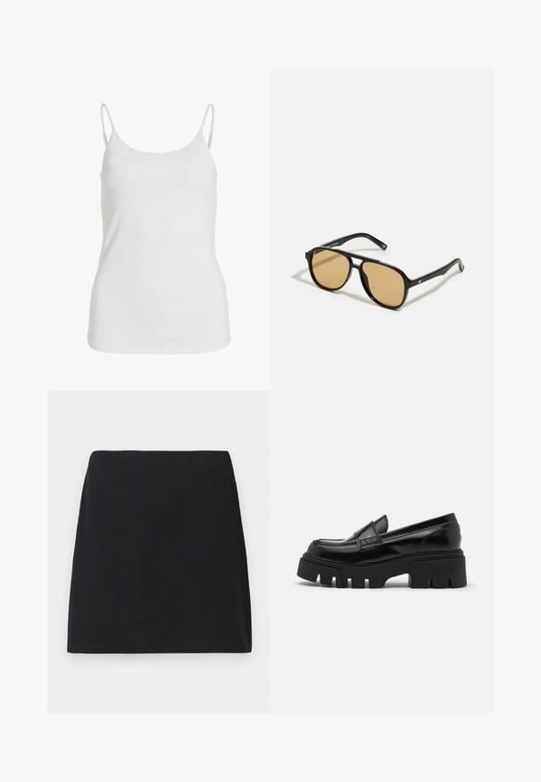 Blazer marrone con rever a scasso, chiusura a un solo bottone e due tasche frontali. Tessuto liscio, vestibilità sartoriale e design minimalista.; Top in camicia bianco realizzato in un tessuto morbido, caratterizzato da sottili spalline a spaghetti e un design semplice e privo di decorazioni.; Mini gonna nera, taglio dritto, tessuto liscio, senza motivi o decorazioni visibili, bordi puliti, senza hardware. Design semplice.; Mocassini in pelle nera con suola piatta spessa e texturizzata e una fascia decorativa sulla parte superiore. Finitura liscia e lucida.; Occhiali da sole neri con lenti a sfumatura marrone; forma rettangolare con una montatura spessa, inclusi sottili dettagli metallici sulle astine.; Borsa a pochette intrecciata marrone con una finitura testurizzata, hardware dorato e borchie decorative lungo i bordi. Include una tracolla a catena.