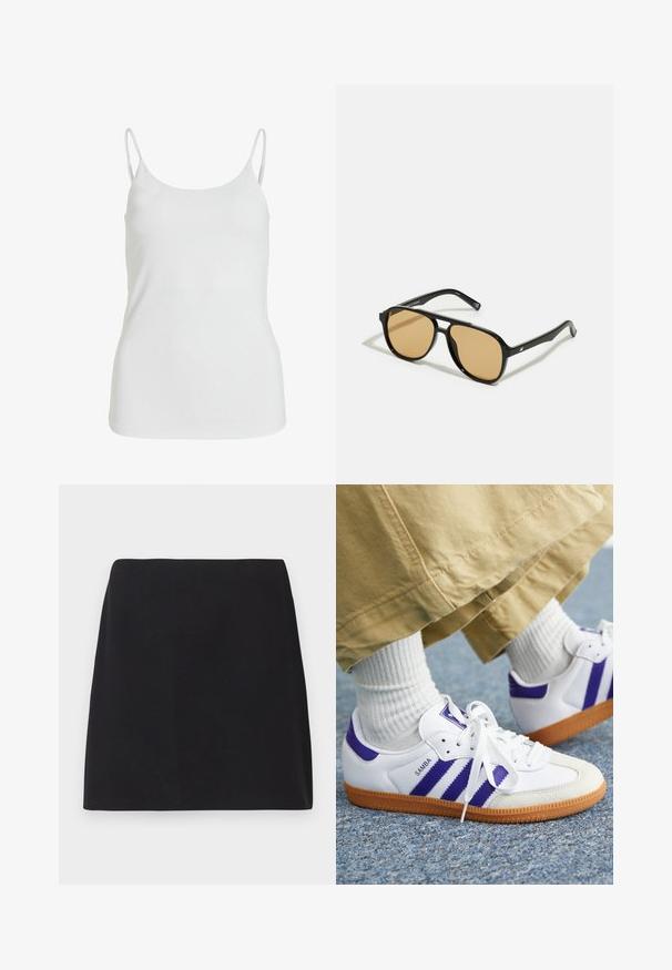 Blazer marrone con rever a scasso, chiusura a un solo bottone e due tasche frontali. Tessuto liscio, vestibilità sartoriale e design minimalista.; Top in camicia bianco realizzato in un tessuto morbido, caratterizzato da sottili spalline a spaghetti e un design semplice e privo di decorazioni.; Mini gonna nera, taglio dritto, tessuto liscio, senza motivi o decorazioni visibili, bordi puliti, senza hardware. Design semplice.; Scarpa bianca con strisce e dettagli viola, dotata di una suola in gomma testurizzata e un design con lacci, indossata con calzini bianchi a coste.; Occhiali da sole neri con lenti a sfumatura marrone; forma rettangolare con una montatura spessa, inclusi sottili dettagli metallici sulle astine.; Borsa hobo in pelle marrone con forma curvata, hardware color oro, tracolla regolabile e chiusura con zip. Decorata con un charm.