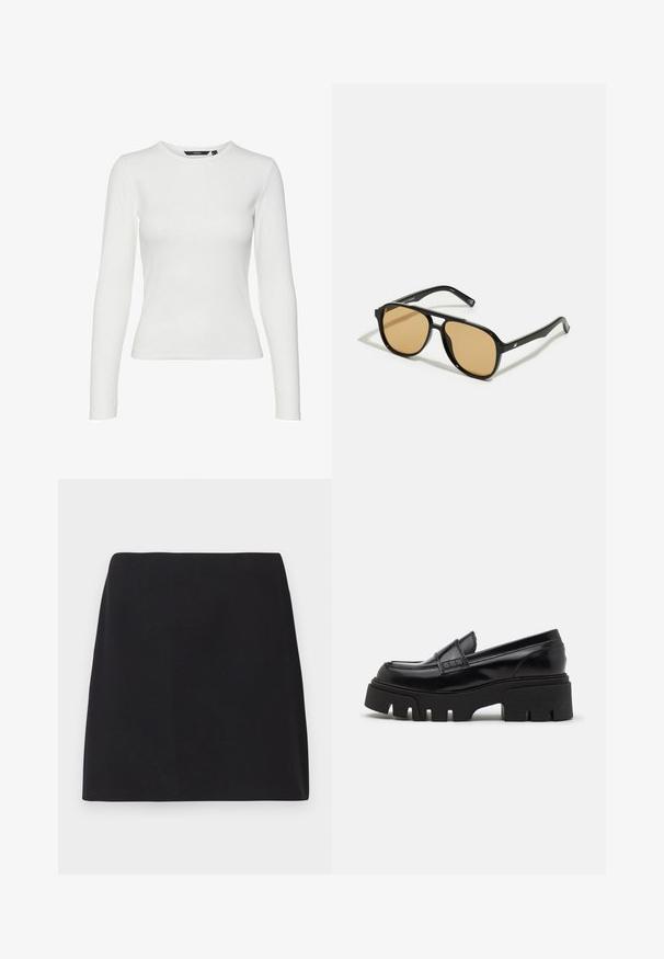 Hnedý blejzer s klopovým golierom, jednoradovým zapínaním na gombíky a dvoma prednými vreckami. Hladká tkanina, priliehavý strih a minimalistický dizajn.; Biele dlhé rukávy košeľa vyrobená z rebrovanej tkaniny, s okrúhlym výstrihom a priliehavým strihom. Žiadne vzory ani akcenty nie sú viditeľné.; Čierna minisukňa, rovný strih, hladká textúra látky, žiadne viditeľné vzory ani ozdoby, čisté okraje, bez kovania. Jednoduchý dizajn.; Čierne kožené loafers so robustnou štruktúrovanou platformovou podrážkou a ozdobným remienkom cez hornú časť. Hladký, lesklý povrch.; Čierne slnečné okuliare s hnedými farebnými šošovkami; obdĺžnikový tvar s hrubým rámom, vrátane jemných kovových akcentov na stranách.; Hnedá tkaná kabelka na večer s textúrovaným povrchom, zlatými kovovými detailmi a dekoratívnymi cvočkami pozdĺž okrajov. Má reťazový popruh.