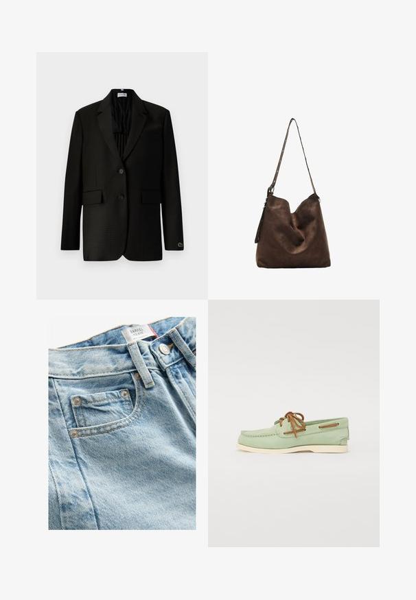 Tumman ruudullinen kaksinappinen bleiseri, jossa on kaulus, läpälliset taskut, rintatasku ja pieni brodeerattu krokotiililogo vasemman hiha-alahihnan kohdalla.; Valkoinen t-paita, joka on valmistettu puuvillasta, pyöreällä pääntiellä, lyhyillä hihoilla ja rentona istuvuutena. Suora pinta ilman kuvioita tai koristeluita.; Vaaleansiniset keskikorkeat farkut, joissa on teksturoitu pinta, etupienelleTasku ja metallinen painonappisulku. Erottuva ommel näkyvissä.; Vihreät nahkaiset venekengät, joissa on vaaleanbeiget kumipohja, nyöri-tyylinen muotoilu ja koristeellinen ompelu. Varustettu nahkaosilla silmukoissa.; Ruskea mokkanahkainen hobo-laukku, jossa on kaareva yläosa, pitkä hihna, jossa on pistekoristeet, ja pehmeä pinta. Ominaisuuksiin kuuluu rento muotoilu, joka sopii arkikäyttöön.