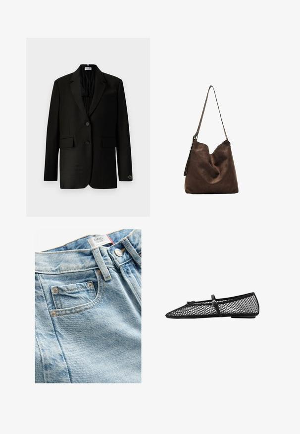 Blazer à carreaux noirs, deux boutons, avec revers, poches à rabat, poche poitrine et petit logo crocodile brodé sur le poignet gauche.; T-shirt blanc uni en coton avec un col rond, des manches courtes et une coupe décontractée. Texture lisse sans motifs ni accents.; Jeans en denim bleu clair taille mi-haute avec une finition texturée, dotés d'une petite poche avant et d'une fermeture à bouton métallique. Couture distinctive visible.; Ballerines en mesh noir avec un bout pointu, une sangle décorative et un accent subtil. Elles présentent un design en open-net et une semelle plate.; Sac hobo en suède marron avec un haut courbé, une longue bandoulière avec des accents de points, et une texture douce. Présente un design décontracté pour une utilisation informelle.