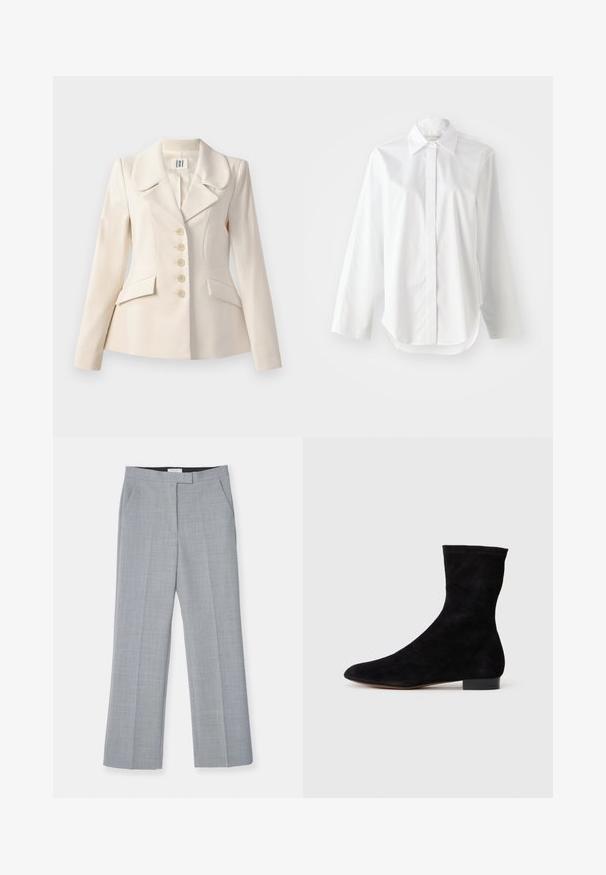 Bežový sak se strukturovaným střihem, velkými klopami, pěti knoflíky a dvěma předními kapsami. Hladká textura látky.; Bílé dlouhé rukávy s klasickým límečkem, zapínáním na knoflíky a mírně zakřiveným lemem. Hladká tkanina s jasným vzhledem.; Šedé kalhoty s širokými nohavicemi vyrobené z texturované tkaniny, s plochým předním dílem, bočními kapsami a rovnými švy pro elegantní vzhled.; Černá nubuková kotníková bota s úzkým svrškem, špičatou špičkou a nízkým blokovým podpatkem. Hladká textura a minimalistický design, vhodné pro všestranné styling.