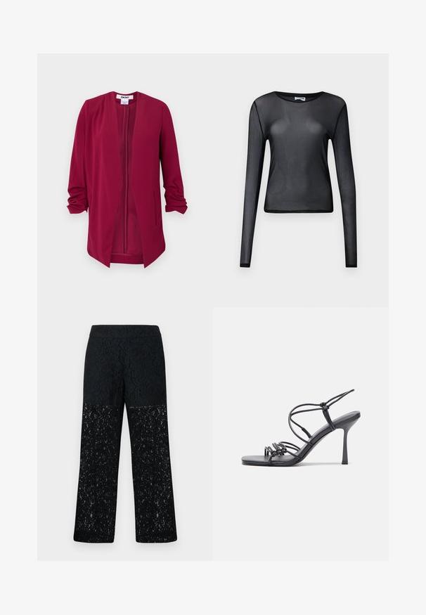 Burgundijas atvērta jaciņa ar trim ceturtdaļu piedurknēm, gluda tekstūra, divas sānu kabatas un smalkas drāzas uz pleciem.; Melnas garas piedurknes blūze no caurspīdīga materiāla, ar apaļu kakla izgriezumu un šauru piegriezumu, ar smalkiem apdariem.; Melni mežģīņu bikses ar platu kāju dizainu. Iezīmējas ar sarežģītām ziedu rakstiem puscaurspīdīgā apakšdaļā, gluds jostasvīrs.; Melnas augstpapēžu sandales ar plāniem siksniņām un mezgla dizainu, gluda kvadrātveida purngalu un elegantu stiletto papēdi.