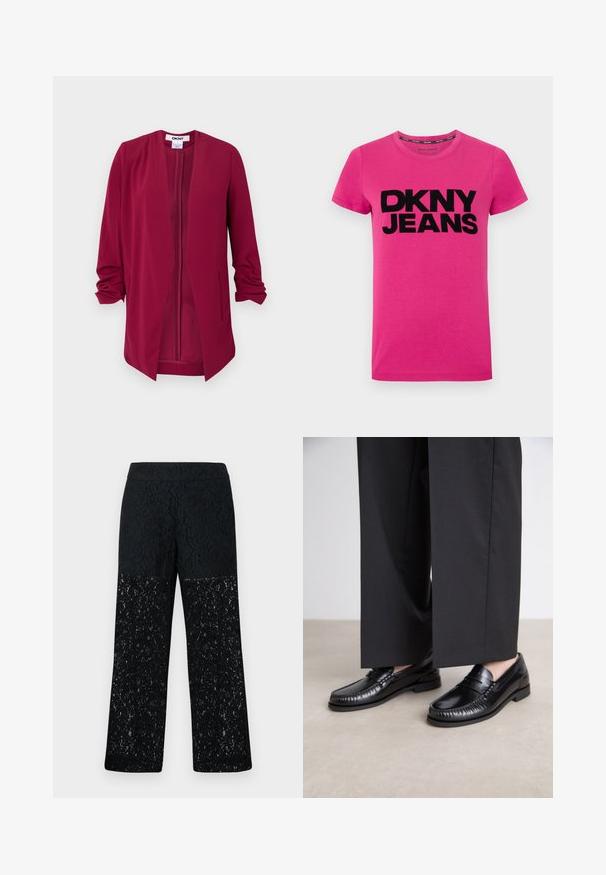 Burgundi színű, nyitott elülső dzseki, háromnegyedes ujjakkal, sima textúrával, két oldalsó zsebbel és finom plisszékkel a vállakon.; Rövid ujjú, rózsaszín, pamut póló, amelynek elülső oldalán feltűnő fekete "DKNY JEANS" logó található. Egyszerű, kerek nyakkivágással és sima felülettel.; Fekete csipkés nadrág széles szárú kialakítással. Bonyolult virágmintákkal díszített félig átlátszó alsó része, sima derékrésszel.; Fekete bőr loaferek sima felülettel, varrott részletekkel az orrnál és alacsony gumitalppal. Széles fekete nadrággal párosítva.