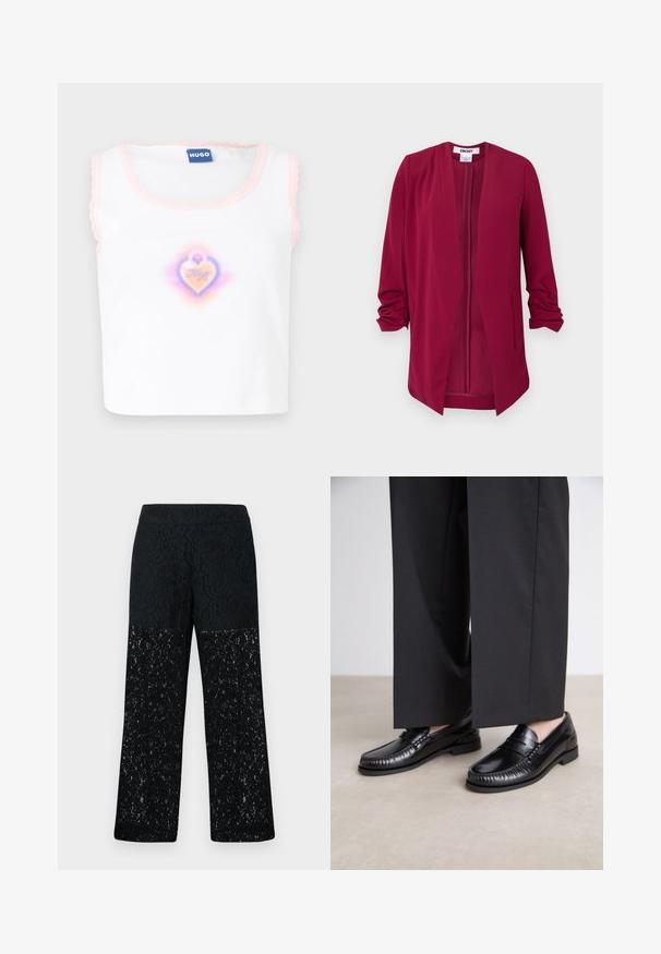 Burgundy open-front jacket with three-quarter sleeves, smooth texture, two side pockets, and subtle pleats on the shoulders.; White sleeveless top with pink scalloped trim, featuring a centered heart graphic in pastel colors with "Hugo" text inside.; Black lace pants with a wide-leg design. Features intricate floral patterns on a semi-sheer lower section, smooth waistband.; Black leather loafers with a smooth finish, stitched detailing around the toe, and a low rubber sole. Paired with wide black trousers.