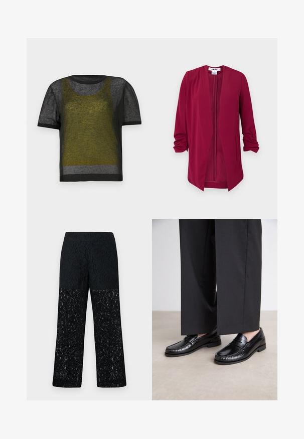 Burgundy avointa takki, jossa on kolme neljäsosapituista hihoja, sileä pinta, kaksi sivutaskua ja hienovaraiset laskokset hartioilla.; Musta lyhythihainen neulepaita, jossa on läpikuultava tekstuuri. Siinä on vihreä ja harmaa kerroksellinen muotoilu, pyöreä pääntie ja tummat kontrastit.; Mustat pitsihousut, joissa on leveä lahje. Ominaisuuksiin kuuluu monimutkainen kukkakuosi puoliksi läpikuultavassa alaosassa, sileä vyötärö.; Mustat nahka loaferit, joissa on sileä pinta, tikattu yksityiskohta varpaiden ympärillä ja matala kumipohja. Yhdistetty leveiden mustien housujen kanssa.