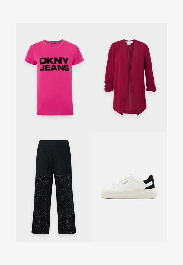 Burgundia avatud esiosa jakk kolmeveerandvarrukatega, sile tekstuur, kaks külge taskut ja peened voldid õlgadel.; Roosa lühikeste varrukatega t-särk, mis on valmistatud puuvillast ja millel on ees julge must "DKNY JEANS" logo. Lihtne ümmargune kaelus, sile tekstuur.; Mustmustestega laiad püksid mustast pitsist. Omavad keerukaid lillemustrid poolläbipaistvas alumises osas ja sujuvat vööd.; Valged nahast tennisetossud paksu valge tallaga, musta sametist kontsakeeuga ja külje peal riigilogo reljeefne kujundus. Lukkeskeem kuue silmaauguga.