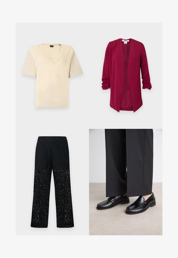 Burgundy open-front jacket with three-quarter sleeves, smooth texture, two side pockets, and subtle pleats on the shoulders.; V-neck, short-sleeve t-shirt made of soft beige fabric, featuring a simple design and subtle logo detail on the front.; Black lace pants with a wide-leg design. Features intricate floral patterns on a semi-sheer lower section, smooth waistband.; Black leather loafers with a smooth finish, stitched detailing around the toe, and a low rubber sole. Paired with wide black trousers.