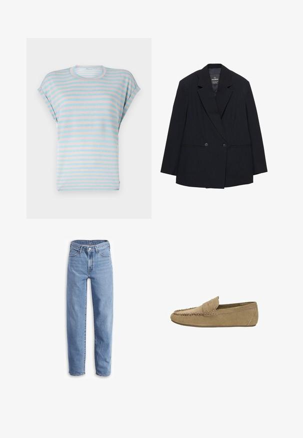 Sacou dublu cu dungi negre, cu rever clasic, două nasturi frontali, buzunare cu refilet și mâneci lungi, întins pe o suprafață plană.; Tricou cu mânecă scurtă în dungi, de culoare albastru deschis și roz pastelat, cu o croială lejeră și țesătură moale, guler rotund și mâneci cu manșete.; Jeans de culoare albastru deschis, din denim, cu o croială lejeră, picior drept, design cu cinci buzunare și margini desfăcute pentru un aspect casual.; Loafers bărbătești din suede de culoare maro deschis, cu bot moc asortat și curea de tip penny, talpă plată din cauciuc, profil lateral pe fundal alb.