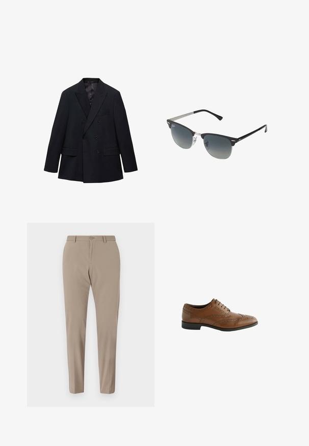 Mango MONACO - Kavaj - royal blue; Ljusblå randig långärmad skjorta med vit krage och manschetter, med knäppning fram och rundad nederkant. Slät tygtextur.; Beiga skräddarsydda byxor med en slät yta, slim fit och knappstängning fram. Inga synliga mönster eller utsmyckningar.; Bruna läderskor för klänning med intrikata broguering detaljer, rund tå och platt häl. Har fem snörningsöglor och en slät yta.; Svarta och silverfärgade solglasögon med kattögaform, gradientlinser och metalliska detaljer på ramen. Plastbågar med gråa tippar.