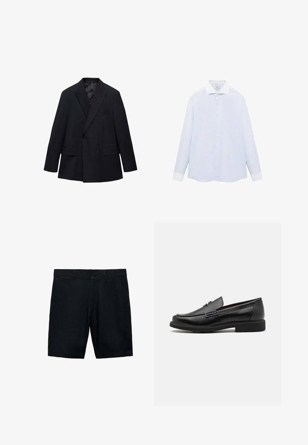 Mango MONACO - Suknjič - royal blue; Svetlo modra prugasta srajca z dolgimi rokavi in belim ovratnikom ter manšetami, z gumbasto sprednjo zaponko in ukrivljenim robom. Gladka tekstura tkanine.; Črne lanene kratke hlače z ravnim sprednjim delom, stranskimi žepi in enim gumbom za zapiranje; gladka tekstura in kroj, ki se prilega.; Črne sintetične loafers čevlje s poudarjenim šivanim sprednjim delom, blazinasto vložkom in ravnim gumijastim podplatom; eleganten dizajn z minimalnimi detajli.