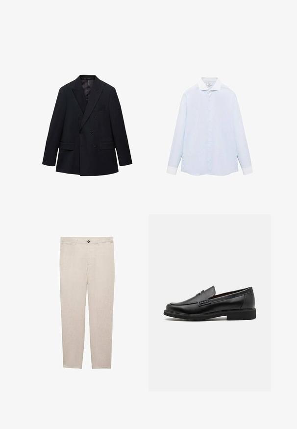 Mango MONACO - Giacca - royal blue; Camicia a maniche lunghe a righe blu chiaro con colletto e polsini bianchi, dotata di chiusura con bottoni sul davanti e orlo curvo. Tessuto dalla texture liscia.; Mango Chino - off-white; Mocassini sintetici neri con una spessa cucitura frontale, soletta imbottita e suola piatta in gomma; design elegante con dettagli minimi.