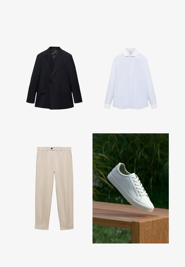 Mango MONACO - Kavaj - royal blue; Ljusblå randig långärmad skjorta med vit krage och manschetter, med knäppning fram och rundad nederkant. Slät tygtextur.; Beiga byxor med en jämn textur, med en enkel knappstängning, sidofickor och upprullade fållar för en skräddarsydd look.; Vit snörad sneaker svävande ovanför en träbänk med gröna växter i bakgrunden, som visar skodesign och textur.