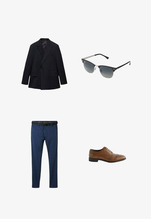 Mango MONACO - Pikkutakki - royal blue; Vaaleansininen raidallinen pitkähiha shirt, jossa on valkoinen kaulus ja hihansuut, varustettu napituksella ja kaarevalla helmalla. Silkkinen kangaslaatu.; Housut merensinisen värisiä, valmistettu sileästä kankaasta, jossa on sileä etuosa, sivutaskut ja musta vyö neliömäisellä soljella.; Ruskeat nahkakengät, joissa on monimutkaisia broguing-yksityiskohtia, pyöreä kärki ja tasainen kanta. Varustettu viidellä nauha-aukolla ja sileällä pinnalla.; Mustat ja hopeiset aurinkolasit, joissa on kissansilmämuoto, gradientti linssit ja metalliset yksityiskohdat kehysissä. Muoviset sangan päät harmaat.