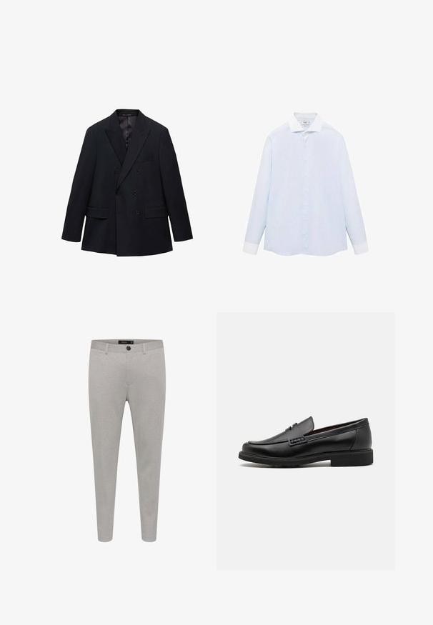 Mango MONACO - Sako - royal blue; Svijetloplava prugasta košulja dugih rukava s bijelim ovratnikom i manžetama, koja se zatvara gumbima sprijeda i ima zaobljeni rub. Glatka tekstura tkanine.; Svijetlosive krojene hlače od teksturirane tkanine, s kopčanjem na gumb, bočnim džepovima i uskim krojem.; Crne sintetičke loafers cipele s izraženim šavom sprijeda, podstavljenom uloškom i ravnim gumeni potplatom; elegantan dizajn s minimalnim detaljima.