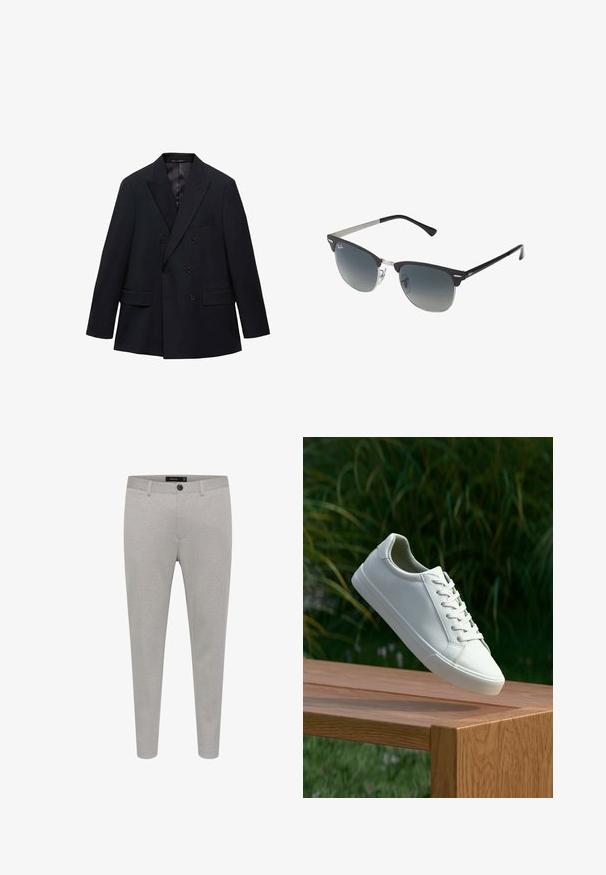 Mango MONACO - Sakko - royal blue; Himmelblauses gestreiftes Langarmhemd mit weißem Kragen und Manschetten, mit einer Knopfleiste vorne und einem abgerundeten Saum. Glatte Stofftextur.; Hellegraue maßgeschneiderte Hosen aus strukturiertem Stoff, mit Knopfverschluss, seitlichen Taschen und schlankem Schnitt.; Weiße Schnürsneaker, die über einer Holzbank mit grünem Laub im Hintergrund schweben und das Schuhdesign sowie die Textur zeigen.; Schwarze und silberne Sonnenbrille mit Katzenaugenform, verlaufenden Gläsern und metallischen Akzenten im Rahmen. Plastische Bügel mit grauen Spitzen.