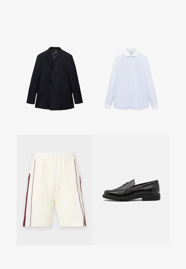 Mango MONACO - Blazere - royal blue; Lysblå stribet langermet skjorte med hvid krave og manchetter, udstyret med knaplukning og en buet kant. Glat stofstruktur.; Lyscremede shorts med elastisk talje, med maroon side striber og en glat tekstur, afsluttet ved benene.; Sorte syntetiske loafers med en fremtrædende syet front, polstret indersål og flad gummiydersål; slankt design med minimal detaljer.