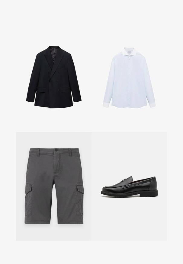 Mango MONACO - Giacca - royal blue; Camicia a maniche lunghe a righe blu chiaro con colletto e polsini bianchi, dotata di chiusura con bottoni sul davanti e orlo curvo. Tessuto dalla texture liscia.; Pantaloni cargo grigi con tasche laterali, realizzati in tessuto resistente, dotati di chiusura con bottone e passanti per cintura. Tessuto liscio, design fino al ginocchio.; Mocassini sintetici neri con una spessa cucitura frontale, soletta imbottita e suola piatta in gomma; design elegante con dettagli minimi.