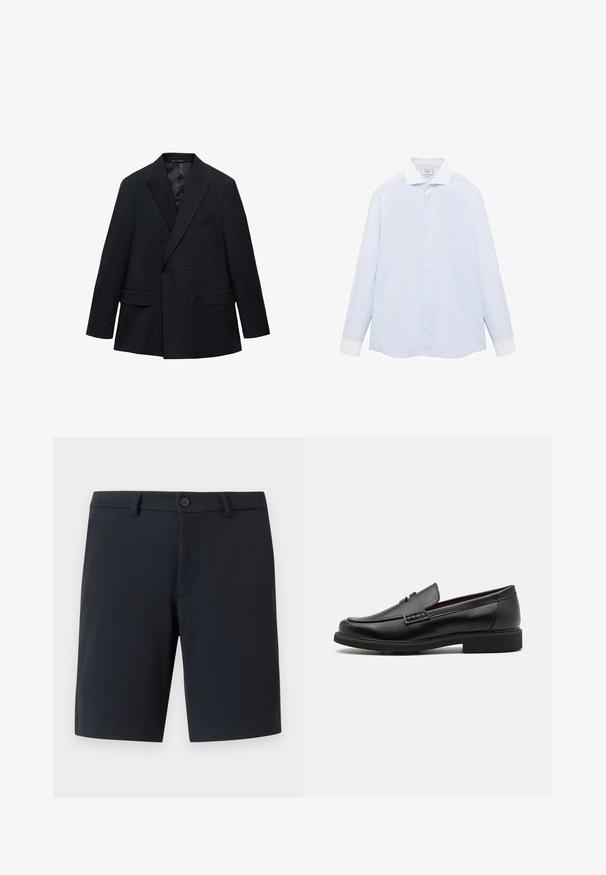 Mango MONACO - Blazer jacket - royal blue; Light blue striped long-sleeve shirt with a white collar and cuffs, featuring a button-up front and a curved hemline. Smooth fabric texture.; Navy blue shorts made from a smooth fabric, featuring a front button closure, belt loops, and subtle pockets. Flat hemline design.; Black synthetic loafers with a prominent stitched front, cushioned insole, and flat rubber outsole; sleek design with minimal detailing.