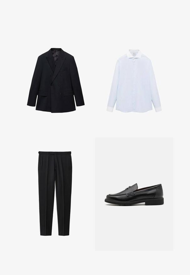 Mango MONACO - Kavaj - royal blue; Ljusblå randig långärmad skjorta med vit krage och manschetter, med knäppning fram och rundad nederkant. Slät tygtextur.; Svarta byxor tillverkade av slätt tyg med rak bendesign, två knappar i midjan och två sidofickor.; Svart syntetiska loafers med en framträdande söm på framsidan, vadderad sula och platt gummiyttersula; elegant design med minimalt detaljerad.