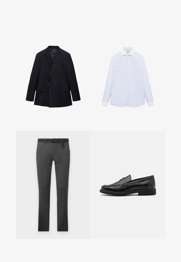 Mango MONACO - Giacca - royal blue; Camicia a maniche lunghe a righe blu chiaro con colletto e polsini bianchi, dotata di chiusura con bottoni sul davanti e orlo curvo. Tessuto dalla texture liscia.; Pantaloni grigio scuro realizzati in tessuto texturizzato, dotati di una cintura nera, passanti per cintura e due tasche laterali. Design a gamba dritta, senza motivi visibili.; Mocassini sintetici neri con una spessa cucitura frontale, soletta imbottita e suola piatta in gomma; design elegante con dettagli minimi.