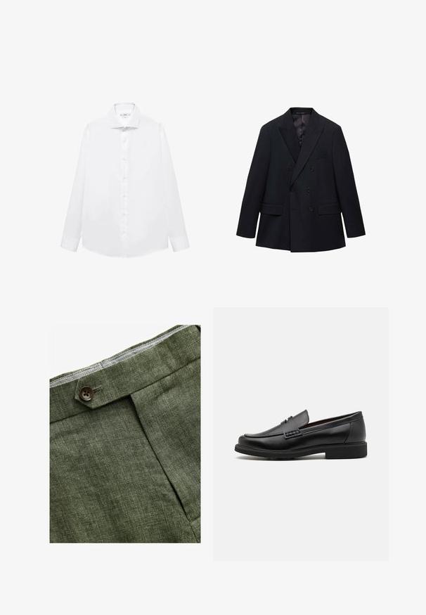 Mango MONACO - Blazer - royal blue; Witte lange mouwen overhemd gemaakt van zachte katoen, met een puntige kraag, voorknopsluiting en rechte zoom.; Olijf groene linnen broek met een voorplooi, voorzien van een knoopsluiting en een contrasterende geruite voering bij de tailleband.; Zwarte synthetische loafers met een opvallende gestikte voorkant, gevoerde binnenzool en platte rubberen buitenzool; slank ontwerp met minimale details.