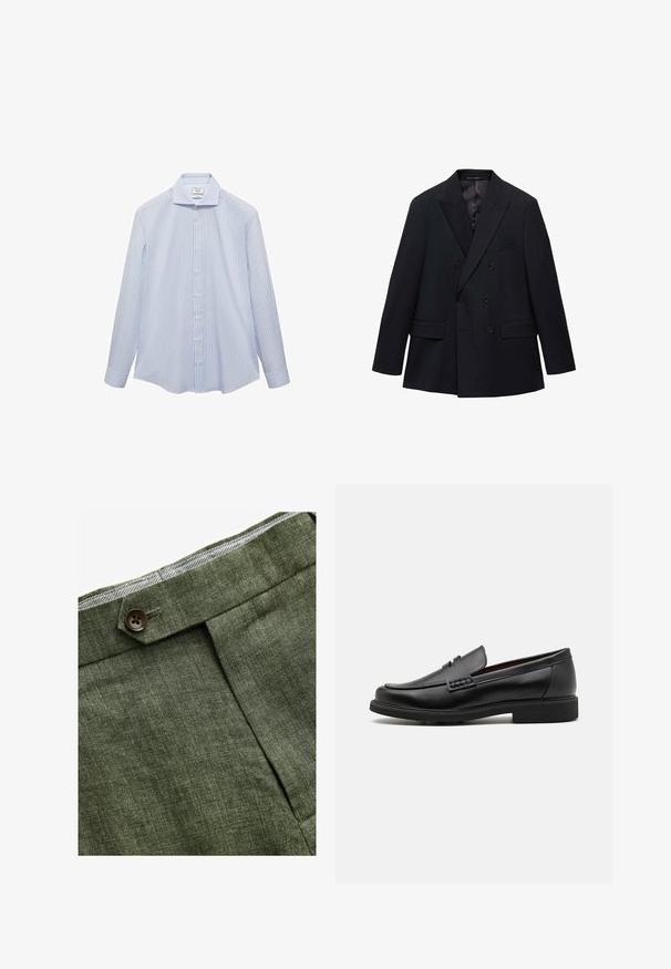 Mango MONACO - Suknjič - royal blue; Svetlo modra srajca s dolgimi rokavi in belimi vertikalnimi črtami, z ovratnikom za zapenjanje in sprednjimi gumbi. Gladka tkanina z oblikovanim krojem.; Olivnozeleni laneni hlače s prednjim plisem, ki vključujejo gumb za zapiranje in kontrastno karirasto oblogo na pasu.; Črne sintetične loafers čevlje s poudarjenim šivanim sprednjim delom, blazinasto vložkom in ravnim gumijastim podplatom; eleganten dizajn z minimalnimi detajli.