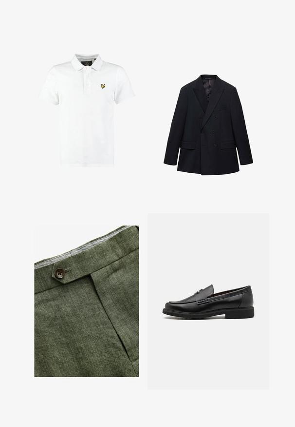 Mango MONACO - Blazere - royal blue; Hvid polo-shirt lavet af bomuld, med en tre-knaps lukning, korte ærmer og et lille gult logo på venstre bryst.; Lysblå stribet langermet skjorte med hvid krave og manchetter, udstyret med knaplukning og en buet kant. Glat stofstruktur.; Olivenfarvede linnedbukser med en frontfold, prydet med en knaplukning og et kontrastfarvet ternet for i taljebåndet.; Sorte syntetiske loafers med en fremtrædende syet front, polstret indersål og flad gummiydersål; slankt design med minimal detaljer.