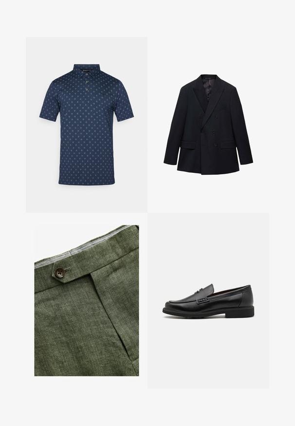 Mango MONACO - Veste de costume - royal blue; Polo shirt marine en mélange de coton avec des manches courtes, un col boutonné et un motif floral bleu clair répétitif. Présente un petit logo.; Chemise à rayures bleu clair à manches longues avec un col et des poignets blancs, dotée d'une fermeture à boutons sur le devant et d'un ourlet incurvé. Texture de tissu lisse.; Pantalons en lin vert olive avec un pli avant, dotés d'une fermeture à bouton et d'une doublure à carreaux contrastante au niveau de la taille.; Chaussures de ville synthétiques noires avec un devant cousu bien visible, semelle intérieure rembourrée et semelle extérieure en caoutchouc plate ; design épuré avec un minimum de détails.