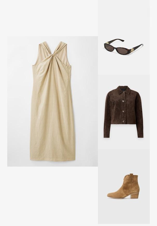Jachetă din suede maro cu guler, închidere frontală cu butoane, două buzunare laterale și un design scurt. Textură netedă și formă structurată.; Rochie bej fără mâneci, cu un design nod intrat în spate, realizată dintr-un material texturat, având o siluetă dreaptă și o lungime până la genunchi.; Bocanci scurți din suede bej cu vârf ascuțit, margine texturată la guler și toc pătrat. Include o buclă pentru o îmbrăcare ușoară.; Ochelari de soare din țiglă cu lentile ovale alungite, nuanță maro, accente cu logo auriu pe brațele laterale și brațe negre elegante.; Geantă tote din microfibră maro cu două mânere robuste, formă structurată și design minimal, având accente subtile de cusătură.