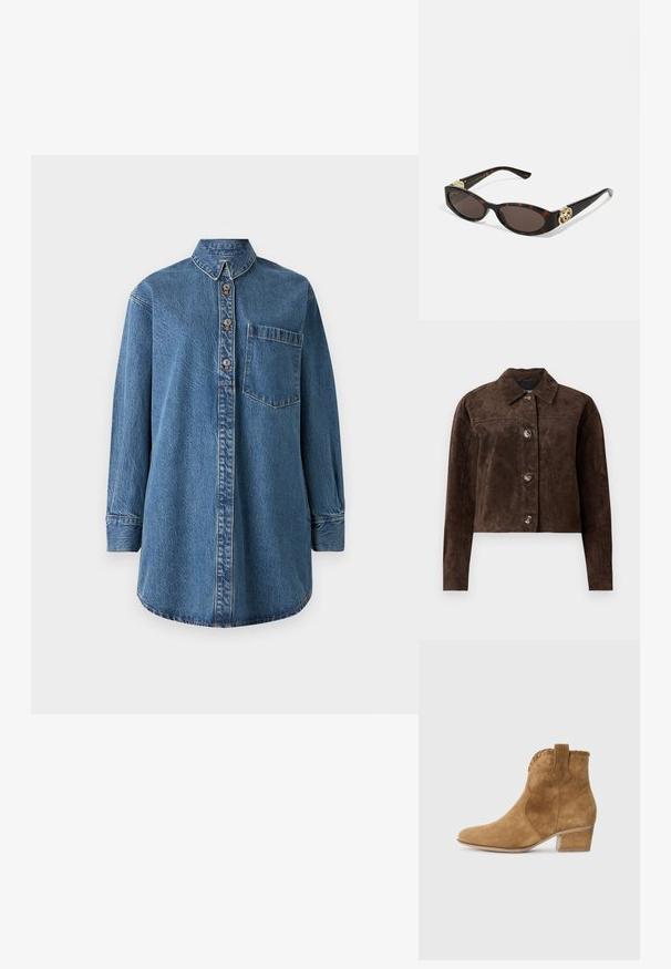 Casaco de camurça castanho com gola, fecho frontal de botões, dois bolsos laterais e um design cropped. Textura suave e forma estruturada.; Camisa de ganga em azul médio com mangas longas, frente com botões, colarinho pontiagudo e um bolso no peito. Apresenta detalhes de costura visíveis.; Bota ankle em camurça bege com bico fino, acabamento texturizado no colarinho e salto bloco. Apresenta uma aba para facilitar o calce.; Óculos de sol de tartaruga com lentes ovais alongadas, tom castanho, acentos de logotipo dourado nas hastes e hastes pretas elegantes.; Bolsa tote em efeitos de camurça castanha, com duas alças robustas, uma forma estruturada e um design minimalista, apresentando sutis acabamentos de costura.