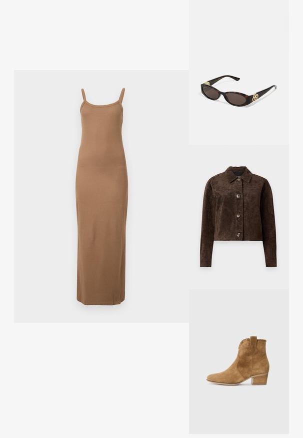 Jachetă din suede maro cu guler, închidere frontală cu butoane, două buzunare laterale și un design scurt. Textură netedă și formă structurată.; Rochie maxi maro cu dungi, cu bretele subțiri, design ajustat și textură netedă. Prezintă o margine dreaptă la gleznă.; Bocanci scurți din suede bej cu vârf ascuțit, margine texturată la guler și toc pătrat. Include o buclă pentru o îmbrăcare ușoară.; Ochelari de soare din țiglă cu lentile ovale alungite, nuanță maro, accente cu logo auriu pe brațele laterale și brațe negre elegante.; Geantă tote din microfibră maro cu două mânere robuste, formă structurată și design minimal, având accente subtile de cusătură.