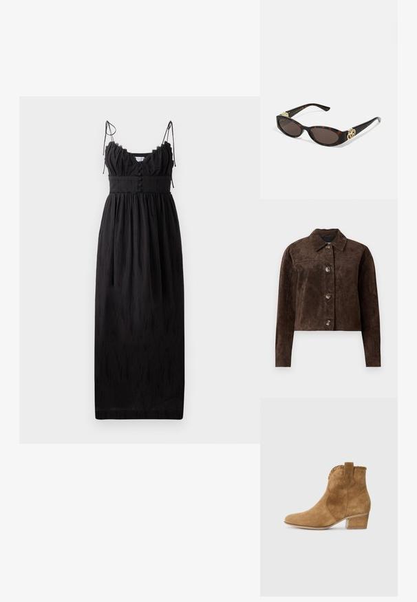 Barna velúr dzseki galléros nyakkal, elöl gombos záródással, kettő oldalsó zsebbel és cropped (rövidített) fazonnal. Simább textúra és formált alak.; Fekete maxi ruha vékony állítható pántokkal, fodros nyakkivágással és gombos részletekkel a deréknál. Könnyű anyagból készült, finom textúrával.; Barna velúr bokacsizma hegyes orral, textúrált díszítéssel a nyakon és tömbsarkal. Húzófüllel a könnyű felhúzás érdekében.; Tortából készült napszemüveg, hosszúkás ovális lencsékkel, barna színű árnyalattal, arany logóval a fülkagylón, és karcsú fekete szárakkal.; Barna műsuede bevásárlótáska, két erős fogantyúval, strukturált formával és minimalista dizájnnal, finom varrási díszítéssel.