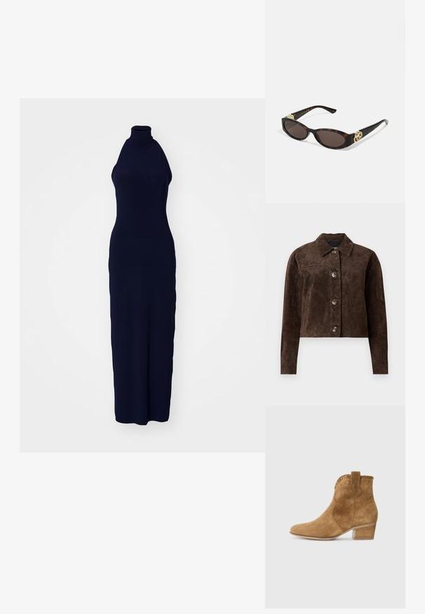 Brun semsket skinnjakke med krage, frontlukking med knapper, to sidelommer og kort design. Glatt tekstur og strukturert form.; Marineblå utenermed midi-kjole med høy hals, laget av et glat og elastisk stoff, med en tettsittende design og lang silhuett.; Tan semskede ankelstøvler med spiss tå, teksturert kant ved kragen og blokkhæl. Har en pull-tab for enkel påkledning.; Skilpadde-solbriller med avlange ovale linser, brun tint, gull-logo aksenter på stengene og elegante svarte armer.; Brun faux suede tote bag med to robuste håndtak, en strukturert form og minimalistisk design, med subtile søm detaljer.