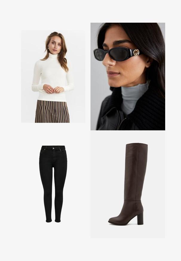 Brahno usnjeni jakni s ovratnikom, sprednjo zaporo na gumbe, dvema stranskima žepoma in skrajšano zasnovo. Gladka tekstura in strukturirana oblika.; Bela rebrasta dolga majica s turtle ovratnikom, mehak material, prilega postavi. Pomalana z rjavimi in mornarsko modrimi hlačami s črtami, ki izražajo subtilno eleganco.; Črne skinny jeans visoke pasu z gumbom spredaj, zanke za pas in obliko s petimi žepi, prikazani na beli podlagi.; Rjave usnjene škornje do kolen s blok peto, gladko teksturo, zaokroženim nosom in minimalnimi šivi.; Črne sončne očala z elegantnim pravokotnim okvirjem in zlatim logotipom na strani. Temna stekla in sijajna površina sta izrazita.