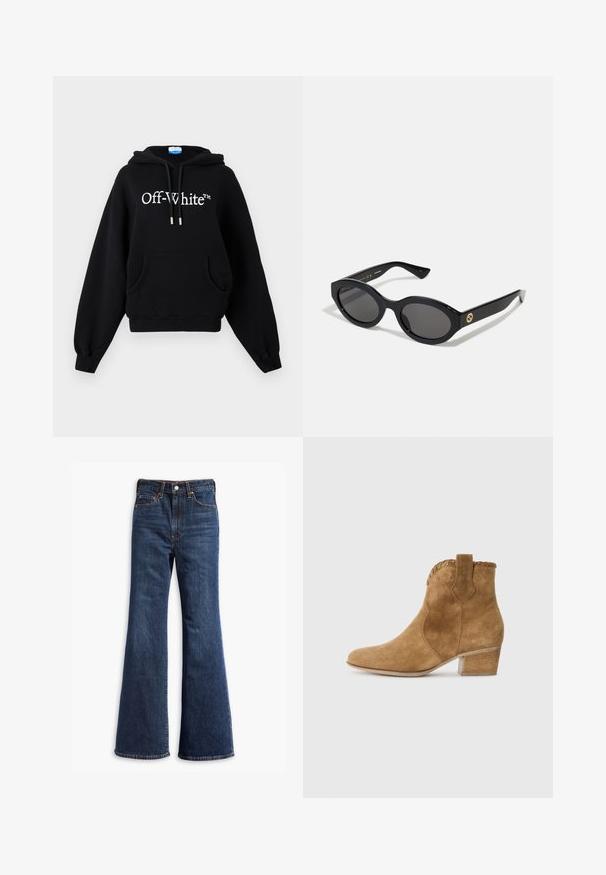 Brūns zamšs mētelis ar apkakli, priekšējo pogu aizdari, divām sānu kabatām un īsu dizainu. Gluda tekstūra un strukturēta forma.; Melns kokvilnas hoody ar lielu priekšējo kabatu, kapuci ar saistēm, ribotām aprocēm un "Off-White™" logotipu baltā krāsā uz krūšu daļas.; Augstas jostas tumši zili džinsi ar zvīņveida kājām, priekšējo pogu un rāvējslēdzēju, kā arī piecu kabatu dizainu.; Pūka brūna zamšādas potīšu zābaki ar smailo purngalu, teksturētu apdari apkaklītes daļā un bloku papēdi. Satur cilpu, kas atvieglo uzvilkšanu.; Melnas ovālās saulesbrilles ar tumšiem stikliem un spīdīgu plastmasas rāmi. Iezīmētas ar zelta logo uz tempļa, nodrošinot elegantu un modernu dizainu.