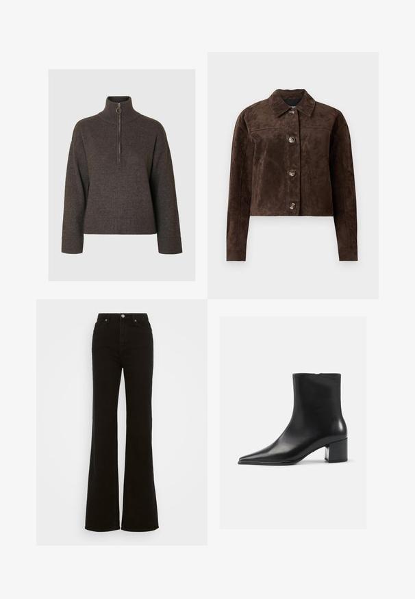 Veste en daim marron avec un col, fermeture à boutons sur le devant, deux poches latérales et un design court. Texture lisse et forme structurée.; Pull en marron foncé avec un col montant et une demi-fermeture éclair, doté de poignets et d'un ourlet côtelés, fabriqué dans un tissu doux et texturé.; Jean évasé noir taille haute en denim, avec une fermeture à bouton, des poches latérales et une texture lisse.; Bottine en cuir noir avec un bout pointu, texture lisse et un talon bloc moyen. Design minimaliste, fermeture éclair à l'arrière.