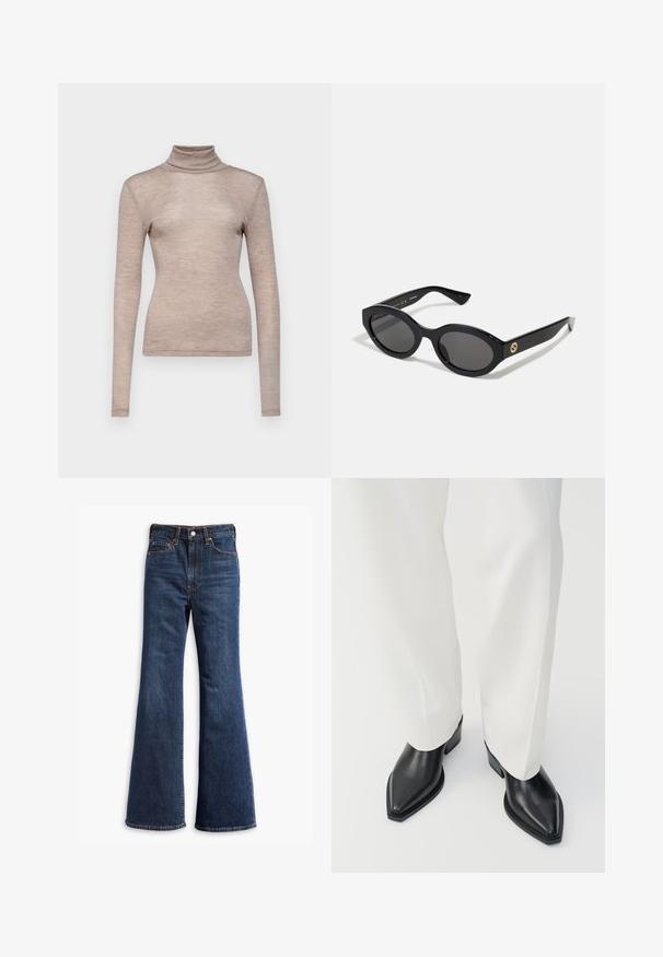 Braune Wildlederjacke mit Kragen, vorderem Knopfverschluss, zwei seitlichen Taschen und cropped Design. Glatte Textur und strukturierte Form.; Langärmliges Turtleneck-Oberteil aus weichem, hellem Beigefarbenem Stoff. Figurbetontes Design mit glatter Textur und hohem Kragen.; Hochtaillierte dunkelblaue Jeans mit ausgestellten Beinen, Vorderknopf- und Reißverschluss sowie Fünf-Taschen-Design.; Schwarze spitz zulaufende Stiefeletten aus glattem Leder mit flachen Blockabsätzen, kombiniert mit weißen, weiten Hosen. Schlichtes und modernes Design.; Schwarze ovale Sonnenbrille mit dunklen Gläsern und glänzendem Kunststoffrahmen. Mit goldenem Logo am Bügel, das ein elegantes und modernes Design bietet.