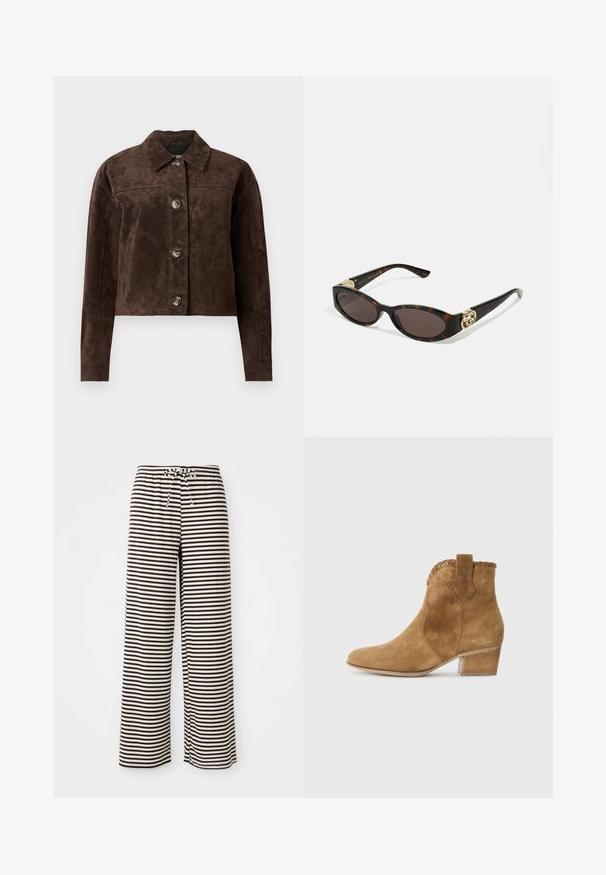 Barna velúr dzseki galléros nyakkal, elöl gombos záródással, kettő oldalsó zsebbel és cropped (rövidített) fazonnal. Simább textúra és formált alak.; Fehér gombos ing, pamutból készült, mellzsebbel és kis hímzett logóval. Laza fazonú, klasszikus nyakkal és hosszú ujjakkal.; Csíkos pizsama nadrág, laza szabással, puha anyagból készült. Vízszintes csíkok váltakoznak barna és krémszínű árnyalatban, valamint elasztikus derékkal és zsinórral rendelkezik.; Barna velúr bokacsizma hegyes orral, textúrált díszítéssel a nyakon és tömbsarkal. Húzófüllel a könnyű felhúzás érdekében.; Tortából készült napszemüveg, hosszúkás ovális lencsékkel, barna színű árnyalattal, arany logóval a fülkagylón, és karcsú fekete szárakkal.; Barna műsuede bevásárlótáska, két erős fogantyúval, strukturált formával és minimalista dizájnnal, finom varrási díszítéssel.
