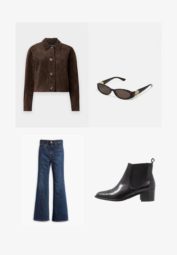 Hnedá semišová bunda s golierom, predným zapínaním na gombíky, dvoma bočnými vreckami a skráteným strihom. Hladká textúra a štruktúrovaný tvar.; Biely košeľový šortky vyrobený z hladkej bavlny s klasickým golierom, s rovnými okrajmi a béžovými gombíkmi pozdĺž prednej strany.; Džíny z tmavomodrého denimu s vysokým pásom, rozšírenými nohavicami, predným zapínaním na gombík a zips a dizajnom s piatimi vreckami.; Čierne kožené členkové čižmy s elastickými bočnými panelmi, okrúhlou špičkou a textúrovaným blokovým podpätkom. Obsahujú slučkový ťahový úchyt na zadnej strane pre jednoduché obúvanie.; Slnkové okuliare v korytnačkovom dizajne s predĺženými oválnymi šošovkami, hnedým tónovaním, zlatými logovými akcentmi na spánkoch a elegantnými čiernymi ramenami.; Hnedá falošná zamšová taška na rameno s dvoma pevnýmuch rukoväťami, štruktúrovaným tvarom a minimalistickým dizajnom, s jemnými akcentmi prešitia.