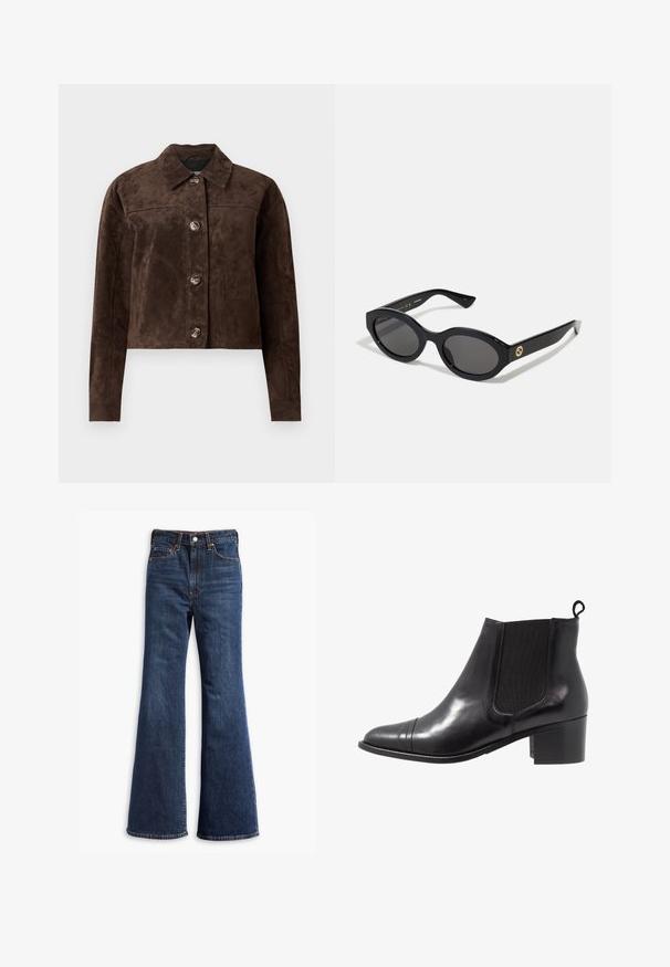 Hnědá semišová bunda s límečkem, popperovým zapínáním v přední části, dvěma bočními kapsami a zkráceným střihem. Hladká textura a strukturovaný tvar.; Bílá košile s rozepínáním, vyrobená z hladké bavlny, s klasickým límcem, rovný lem a béžové knoflíky na přední straně.; Džínové kalhoty s vysokým pasem v tmavě modré barvě, s rozšířenými nohavicemi, předním zapínáním na knoflík a zip, a designem s pěti kapsami.; Černé kožené kotníkové boty s elastickými bočními panely, kulatou špičkou a texturovaným blokovým podpatkem. Obsahují smyčkovou poutko na zadní straně pro snadné obouvání.; Černé oválné sluneční brýle s tmavými skly a lesklým plastovým rámem. Obsahují zlaté logo na straně, které poskytuje elegantní a moderní design.; Hnědá taška z faux semiše s dvěma pevnými ušima, strukturovaným tvarem a minimalistickým designem, který obsahuje jemné akcenty šití.