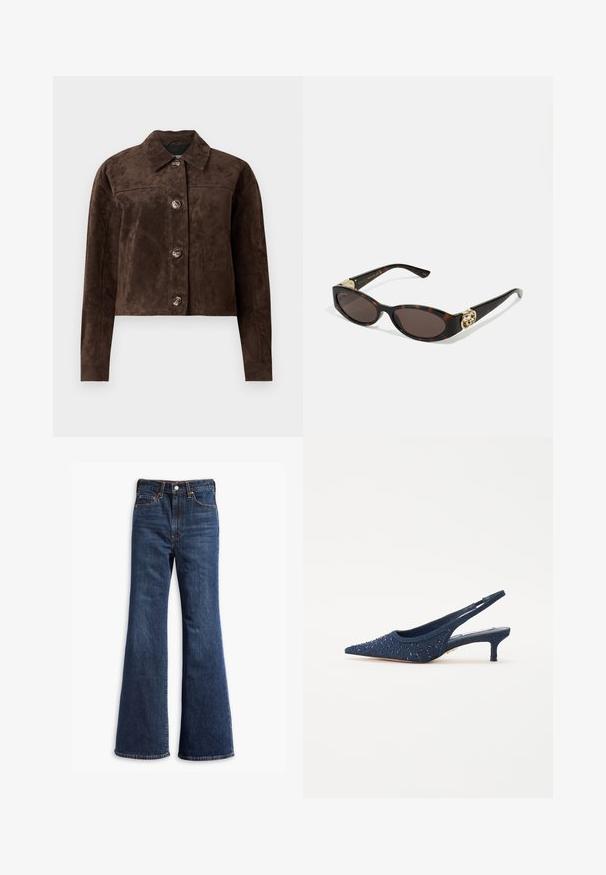 Ruskea mokkaliivi, jossa on kauluskanta, etupainikekiinnitys, kaksi sivutaskua ja lyhyt muotoilu. Sujuva pinta ja jämäkkä muoto.; Valkoinen napapaita, joka on valmistettu sileästä puuvillasta, klassisella kauluksella, suoran helman ja vaaleanbeigeillä napeilla edessä.; Korkeavyötäröiset tummansiniset farkut, joissa on leveät lahkeet, etuvetoketju ja napin sulkeminen sekä viisi taskua.; Navy blue slingback-kenkä, jossa on terävä kärki, koristeltu sinisillä helmillä ja tekstuurilla varustetulla yläpinnalla; varusteena matala, lohkaremainen korko.; Silmärilakkiset tortoiseshell-aurinkolasit, joissa on pitkänomaiset ovaalit linssit, ruskea sävy, kultaiset logo-koristeet temppeleissä ja sulavalinjaiset mustat varret.; Ruskea tekosuoletotepussi, jossa on kaksi tukevampaa kahvaa, jämäkkä muoto ja minimalistinen muotoilu, joka sisältää hienovaraisia ompeluakselointeja.