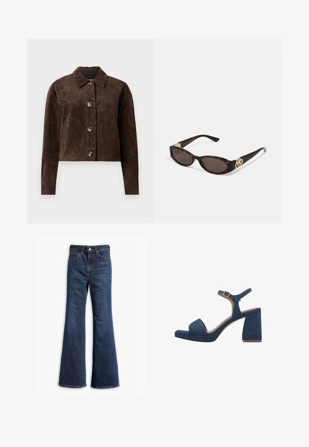 Brahno usnjeni jakni s ovratnikom, sprednjo zaporo na gumbe, dvema stranskima žepoma in skrajšano zasnovo. Gladka tekstura in strukturirana oblika.; Bela srajca z gumbi, izdelana iz gladkega bombaža, s klasičnim ovratnikom in ravnim robom ter bež gumbi spredaj.; Visoko pasovi temno modri kavbojki z razširjenimi nogami, sprednja zadrga in gumbe, ter zasnova s petimi žepi.; Denim sandali na blokasti peti z naramnico, odprto konico in teksturo modrega materiala. Imajo masiven peti za stabilnost.; Kornjačaste sunčane naočale s izduženim ovalnim lećama, smeškim tonovima, zlatnim logotipom na drškama i elegantnim crnim rukohvatima.; Rjava tote torba iz umetnega usnja z dvema trdnima ročajema, strukturirano obliko in minimalističnim dizajnom, ki vsebuje subtilne šive.
