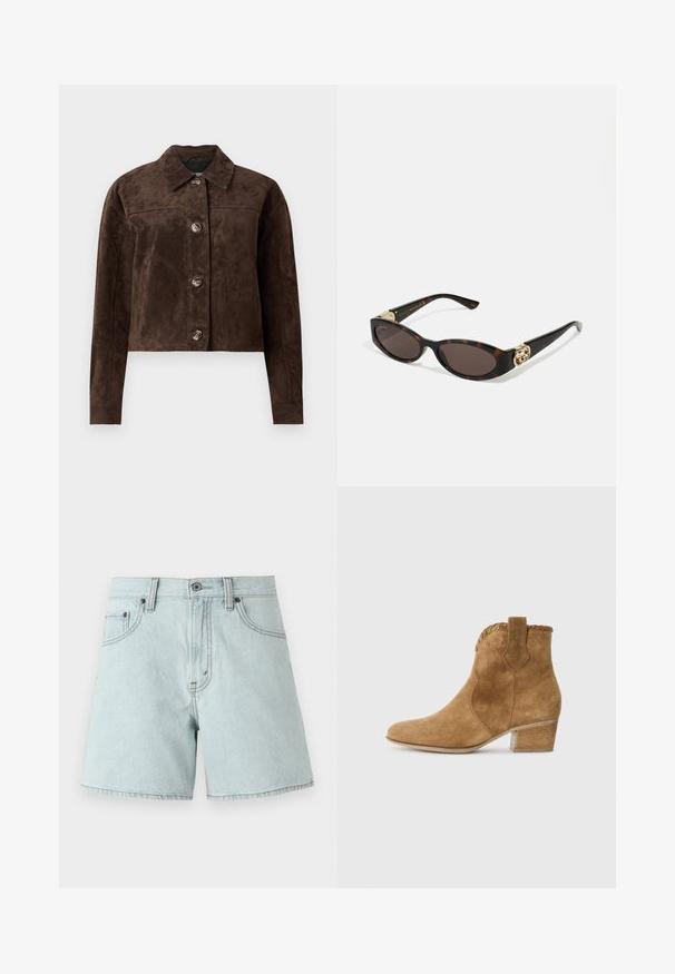 Brown suede jacket with a collared neck, front button closure, two side pockets, and a cropped design. Smooth texture and structured shape.; White button-up shirt made of smooth cotton with a classic collar, featuring a straight hem and beige buttons along the front.; Light blue denim shorts with a high waist, featuring two front pockets, a button closure, and side stitching details.; Tan suede ankle boot with a pointed toe, textured trim at the collar, and a block heel. Features pull tab for easy wear.; Tortoiseshell sunglasses with elongated oval lenses, brown tint, gold logo accents on temples, and sleek black arms.; Brown faux suede tote bag with two sturdy handles, a structured shape, and minimalistic design, featuring subtle stitching accents.