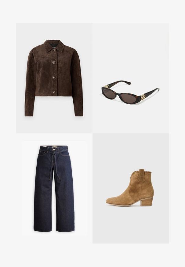 Chaqueta de ante marrón con cuello tipo solapa, cierre frontal de botones, dos bolsillos laterales y un diseño corto. Textura suave y forma estructurada.; Camisa de botón a rayas azules con cuello, mangas largas y dobladillo curvado. La tela parece suave y ligera. Cierre de botón en la parte delantera.; Jeans de mezclilla oscuros de pierna ancha con cintura alta, que cuentan con un lazo ajustable, cinco bolsillos y detalles de costura en contraste.; Botín de ante en color beige con punta afilada, ribete texturizado en el cuello y tacón cuadrado. Presenta una tira en la parte trasera para facilitar su puesta.; Gafas de sol carey con lentes ovalados alargados, tintado marrón, acentos de logo dorado en las patillas y brazos negros elegantes.; Bolsa tote de imitación ante marrón con dos asas resistentes, forma estructurada y diseño minimalista, con sutiles detalles de costura.