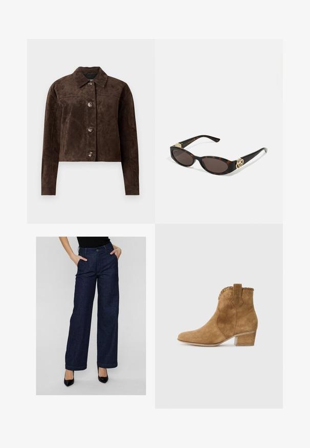 Brown suede jacket with a collared neck, front button closure, two side pockets, and a cropped design. Smooth texture and structured shape.; Blue striped button-up shirt with a collar, long sleeves, and a curved hem. Fabric appears smooth and lightweight. Button closure down the front.; Dark blue wide-leg jeans made of denim, featuring a high waist, belt loops, front pockets, and a clean hem finish.; Tan suede ankle boot with a pointed toe, textured trim at the collar, and a block heel. Features pull tab for easy wear.; Tortoiseshell sunglasses with elongated oval lenses, brown tint, gold logo accents on temples, and sleek black arms.; Brown faux suede tote bag with two sturdy handles, a structured shape, and minimalistic design, featuring subtle stitching accents.
