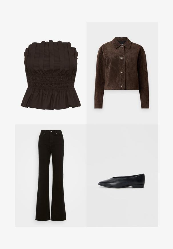 Brun semsket skinnjakke med krage, frontlukking med knapper, to sidelommer og kort design. Glatt tekstur og strukturert form.; Gestuz PAULINE - Topper - dark brown; Høyt liv svarte utsvingte jeans laget av denim, med knappelukking, sidelommer og en glatt tekstur.; Sorte skinn flate sko med spiss tå, lett hevet hæl og glatt overflate. Enkelt design uten synlig hardware eller mønstre.